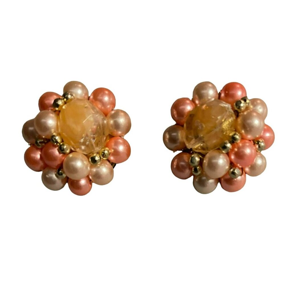Vintage Pink and Orange Wire Beaded Clip On Earrings